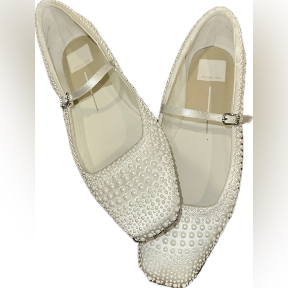Dolce Vita Reyes White Pearl-Adorned Bridal Square-Toe Mary Jane Flats
